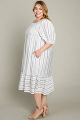 Grey Striped Linen Smocked Plus Midi Dress