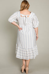 Grey Striped Linen Smocked Plus Midi Dress