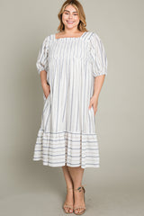 Grey Striped Linen Smocked Plus Midi Dress