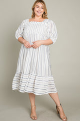 Grey Striped Linen Smocked Plus Midi Dress