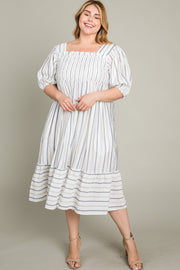 Grey Striped Linen Smocked Plus Midi Dress