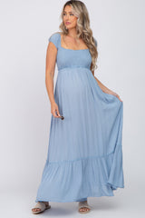 Blue Dotted Smocked Square Neck Criss Cross Back Maternity Maxi Dress