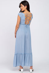 Blue Dotted Smocked Square Neck Criss Cross Back Maxi Dress