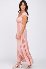 Pink Dotted Smocked Square Neck Criss Cross Back Maxi Dress