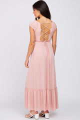 Pink Dotted Smocked Square Neck Criss Cross Back Maxi Dress