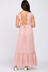 Pink Dotted Smocked Square Neck Criss Cross Back Maxi Dress