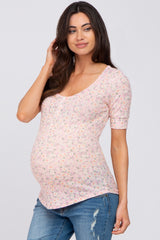 Light Pink Floral Waffle Knit Button Accent Maternity Top