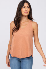 Salmon V-Neck Raw Edge Hi-Low Tank Top