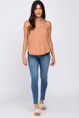 Salmon V-Neck Raw Edge Hi-Low Tank Top