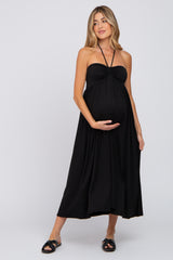 Black Cinched Halter Neck Maternity Midi Dress