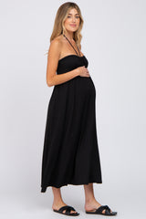 Black Cinched Halter Neck Maternity Midi Dress