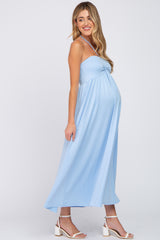 Light Blue Cinched Halter Neck Maternity Midi Dress