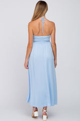 Light Blue Cinched Halter Neck Maternity Midi Dress