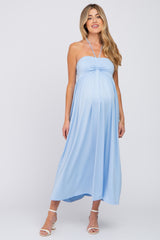 Light Blue Cinched Halter Neck Maternity Midi Dress