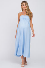 Light Blue Cinched Halter Neck Maternity Midi Dress