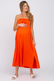 Orange Cinched Halter Neck Maternity Midi Dress