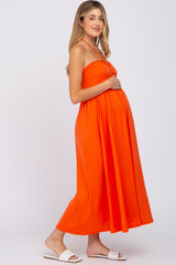 Orange Cinched Halter Neck Maternity Midi Dress