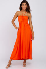 Orange Cinched Halter Neck Maternity Midi Dress