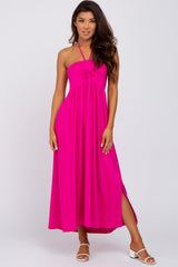 Fuchsia Cinched Halter Neck Midi Dress