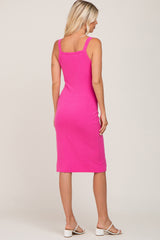 Fuchsia Ribbed Snap Button Front Midi Dress