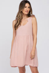 Light Pink Linen Shoulder Tie Maternity Dress