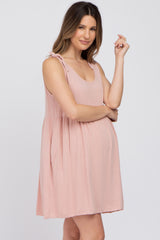 Light Pink Linen Shoulder Tie Maternity Dress