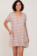 Taupe Floral Button Front Ruffle Hem Dress