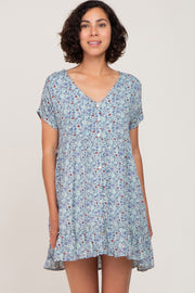 Aqua Floral Button Front Ruffle Hem Dress