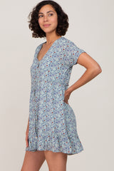 Aqua Floral Button Front Ruffle Hem Dress