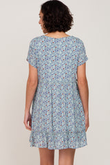 Aqua Floral Button Front Ruffle Hem Dress