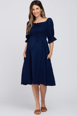 Navy Blue Smocked Front Tie Maternity Midi Dress