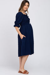 Navy Blue Smocked Front Tie Maternity Midi Dress