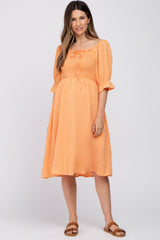 Orange Smocked Front Tie Maternity Midi Dress