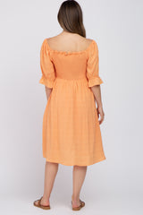 Orange Smocked Front Tie Maternity Midi Dress