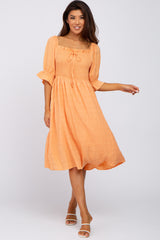 Orange Smocked Front Tie Midi Dress