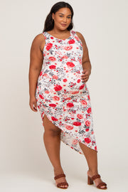 Ivory Floral Ruched Asymmetrical Maternity Plus Midi Dress