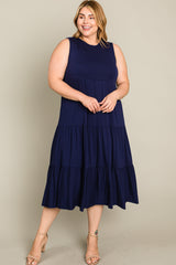 Navy Tiered Sleeveless Plus Midi Dress