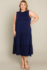 Navy Tiered Sleeveless Plus Midi Dress