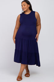 Navy Tiered Sleeveless Maternity Plus Midi Dress