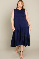 Navy Tiered Sleeveless Plus Midi Dress