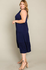 Navy Tiered Sleeveless Plus Midi Dress