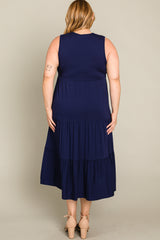 Navy Tiered Sleeveless Plus Midi Dress