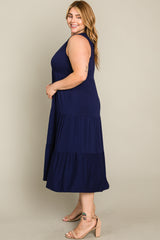 Navy Tiered Sleeveless Plus Midi Dress