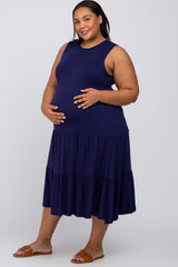 Navy Tiered Sleeveless Maternity Plus Midi Dress