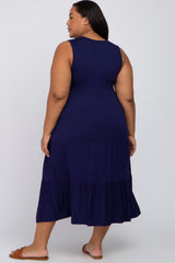 Navy Tiered Sleeveless Maternity Plus Midi Dress