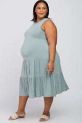 Light Olive Tiered Sleeveless Maternity Plus Midi Dress