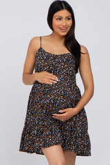 Black Floral Button Front Ruffle Hem Maternity Dress