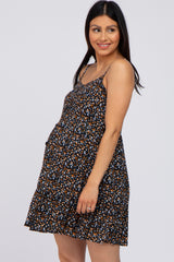 Black Floral Button Front Ruffle Hem Maternity Dress