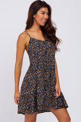 Black Floral Button Front Ruffle Hem Dress