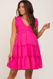 Fuchsia Sleeveless Smocked Tiered Maternity Dress